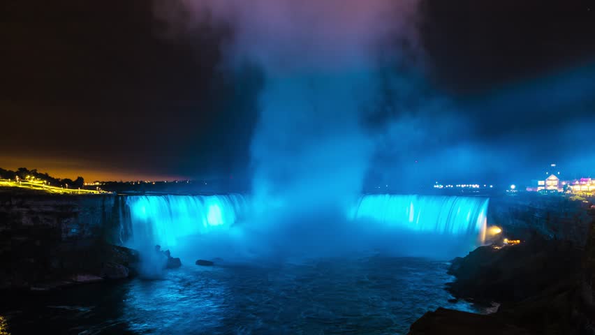Uhd 4k Timelapse of Canadian side view of Niagara Falls, Horseshoe Falls at night in Niagara Falls, Ontario, Canada