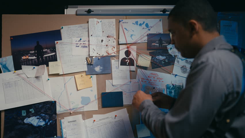 Police officer working on case using investigation board, analyzing events Royalty-Free Stock Footage #1102609989