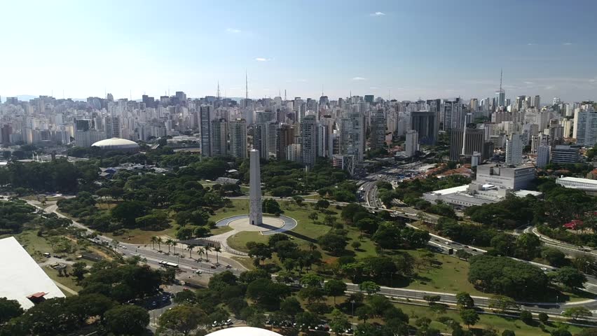 Aerial view of Ibirapuera Park - Parque Ibirapuera, Sao Paulo, Brazil. Landmark avenue and buildings of city. Ibirapuera lake. This image is perfect for projects related to events, travel and tourism.