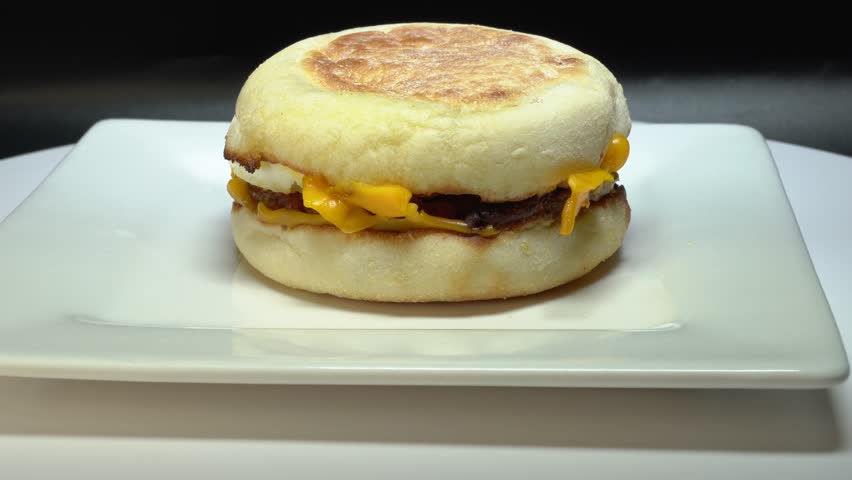 A sausage egg  and cheese McMuffin on a white plate  Royalty-Free Stock Footage #1102611457