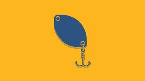 Blue Fishing spoon icon isolated on orange background. Fishing baits in shape of fish. Fishing tackle. 4K Video motion graphic animation.