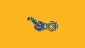 Blue Spinning reel for fishing icon isolated on orange background. Fishing coil. Fishing tackle. 4K Video motion graphic animation.