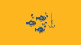 Blue Fishing hook under water with fish icon isolated on orange background. Fishing tackle. 4K Video motion graphic animation.