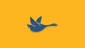 Blue Flying duck icon isolated on orange background. 4K Video motion graphic animation.