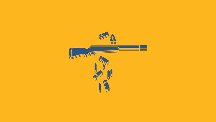 Blue Gun shooting icon isolated on orange background. 4K Video motion graphic animation.