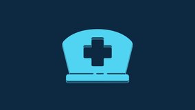 Blue Nurse hat with cross icon isolated on blue background. Medical nurse cap sign. 4K Video motion graphic animation.
