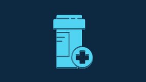 Blue Medicine bottle icon isolated on blue background. Bottle pill sign. Pharmacy design. 4K Video motion graphic animation.