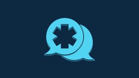 Blue Dialogue with the doctor icon isolated on blue background. Doctor and patient dialog. Consulting about medical health services. 4K Video motion graphic animation.