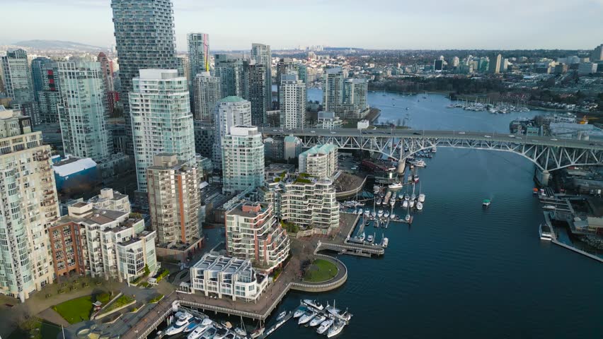 Stunning aerial view on downtown of Vancouver, Granville bridge and False Creek