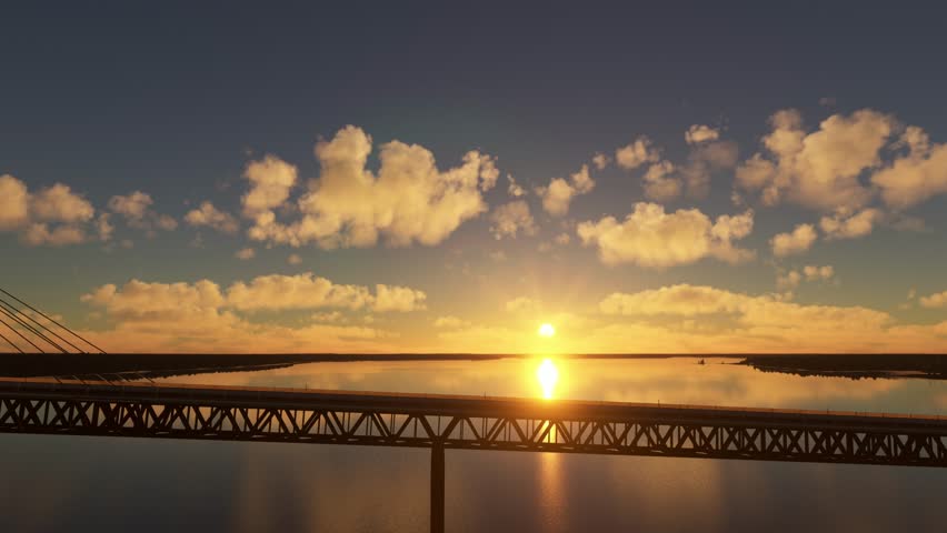 3D - Side Aerial View Near Sunset of Deh Cho Bridge Northwest Territories. Canada