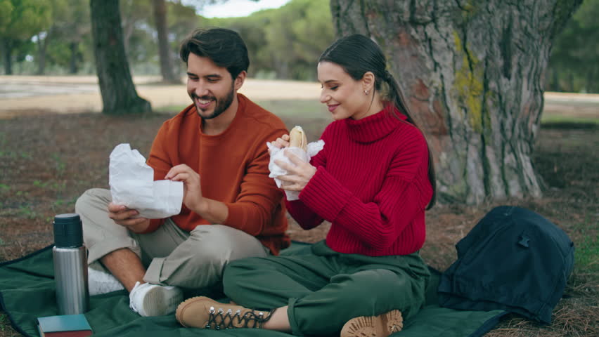 Joyful happy couple eating sandwiches at romantic picnic in forest. Smiling young pair tasting food sitting on blanket together. Attractive young people enjoy rest on nature. Family weekend concept. Royalty-Free Stock Footage #1102616709