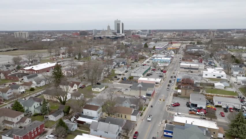 Fort Wayne, Indiana neighborhood with drone video moving left to right.