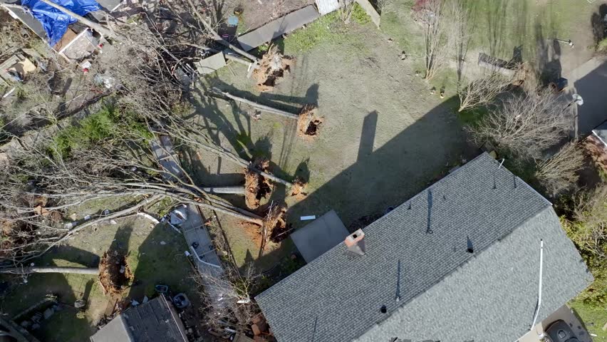 Damage in a neighborhood from March 31, 2023 tornado in Little Rock, Arkansas and drone video looking down close up.