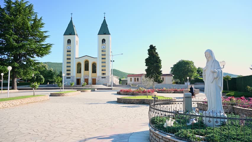 Medjugorje, Bosnia and Herzegovina. Statue of Virgin Mary in front of Cathedral. 