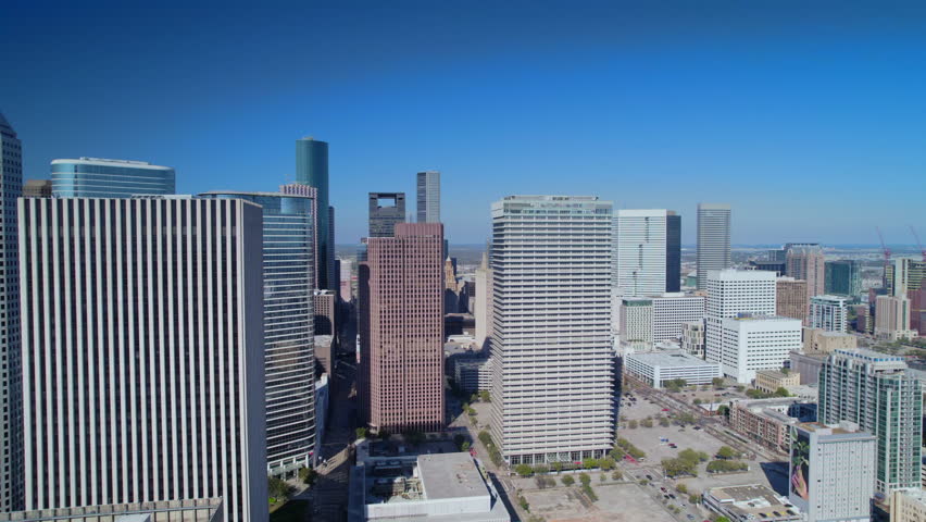 Aerial view of downtown Houston during a good sunny day. Buildings in centre big city.