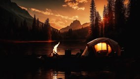 Relaxing hiking and camping scenery with bonfires and tents in a mountain valley lake in a beautiful nature deep forest at sunset, and a wood fire burning in a lonely but cozy and emotional atmosphere - Powered by Shutterstock - Get 15% off with code: PIKWIZARD15