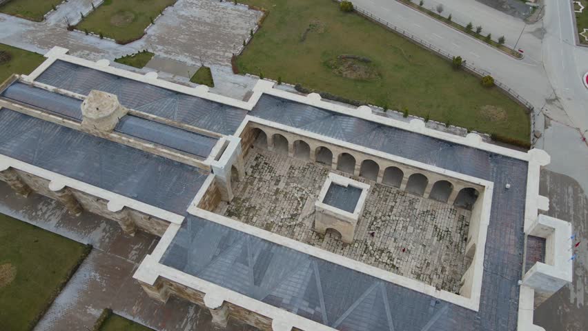 Drone coming down from the top of Sultanhani caravanserai showing the whole view from up