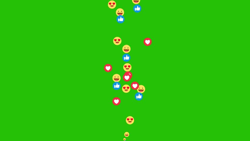 Social media emojis of hearts, smilies, thumbs-up and likes animation flying moving upwards direction while chatting and streaming meetups on green screen chroma key  Royalty-Free Stock Footage #1102625699