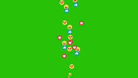 Social media emojis of hearts, smilies, thumbs-up and likes animation flying moving upwards direction while chatting and streaming meetups on green screen chroma key  - Powered by Shutterstock - Get 15% off with code: PIKWIZARD15