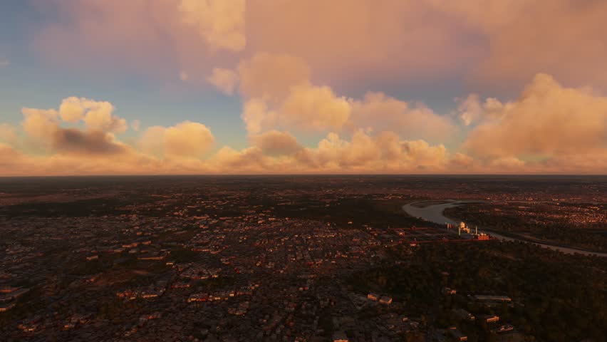 3D - Front Aerial View at Sunset at the Taj Mahal in Agra; Uttar Pradesh. India