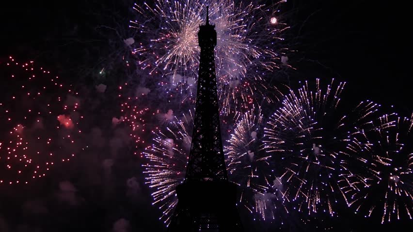 Celebratory colorful fireworks over the Eiffel Tower in Paris, France (time lapse) 