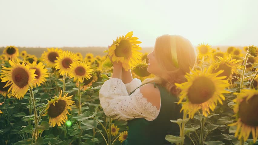 Fantasy Slavic blonde hair woman brings sunflower to beauty smiling face enjoy smell aroma flower. Vintage closing dress green sundress white blouse. blooming yellow green fresh field sun light sky