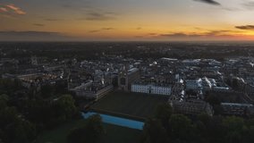 Establishing Aerial View Shot of Cambridge UK, academic city, Cambridgeshire ,United Kingdom, beautiful sky