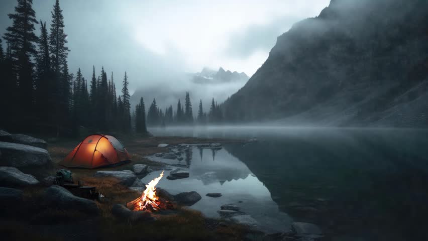 Beautiful nature with fog, comfortable backpacking and camping scenery with bonfires and tents in mountains and valley lakes in deep forests, and wood fires burning in an emotional atmosphere
 Royalty-Free Stock Footage #1102633177