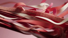 Red with white silk ribbons waving on pink background. Fashion business presentation. Cut torn tape ribbon layers wave cloth satin fabric latex leather fluttering material 3D render digital animation - Powered by Shutterstock - Get 15% off with code: PIKWIZARD15
