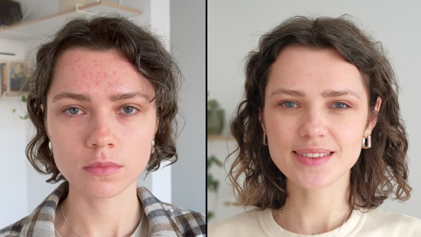 Two close up faces of young beautiful woman show real result before and after acne treatment. Split screen. Home background. Concept  of acne therapy, scars, inflammation on face and problem skin. UGC | Shutterstock HD Video #1102639261