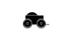 Black Wooden four-wheel cart with hay icon isolated on white background. 4K Video motion graphic animation.