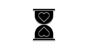 Black Heart in the center old hourglass icon isolated on white background. Valentines day. 4K Video motion graphic animation.