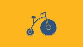 Blue Vintage bicycle with one big wheel and one small icon isolated on orange background. Bike public transportation sign. 4K Video motion graphic animation.
