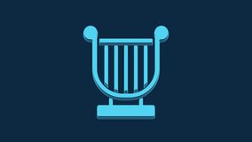 Blue Ancient Greek lyre icon isolated on blue background. Classical music instrument, orhestra string acoustic element. 4K Video motion graphic animation.