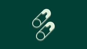 White Classic closed steel safety pin icon isolated on green background. 4K Video motion graphic animation.