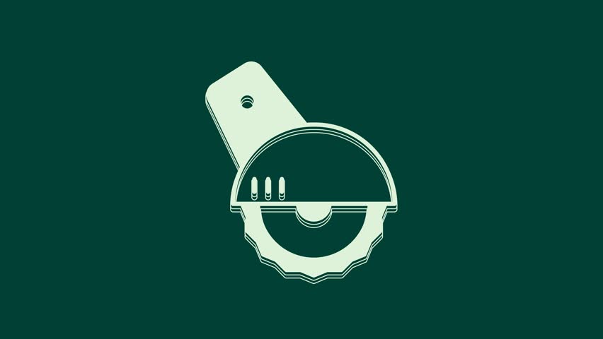 White Electric circular saw with steel toothed disc icon isolated on green background. Electric hand tool for cutting wood or metal. 4K Video motion graphic animation.