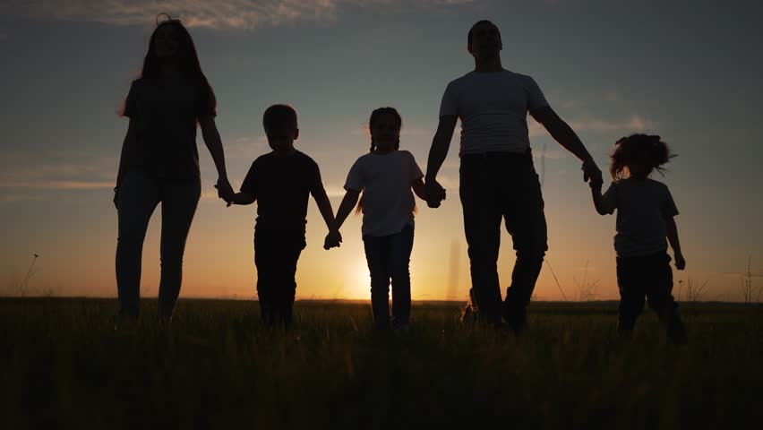 Silhouette of healthy happy family.Lifestyle at sunset of large family. Hiking trip in summer together holding hands. Group of people walk in nature.Cheerful active people rest picnic outdoors in park Royalty-Free Stock Footage #1102646125