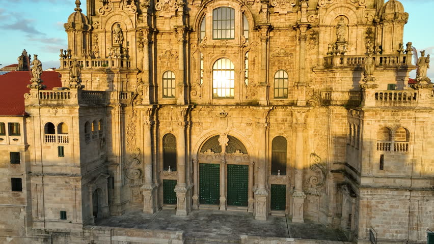 Aerial view of famous Cathedral of Santiago de Compostela. Travel destination in north of Spain Way of St James. Spain