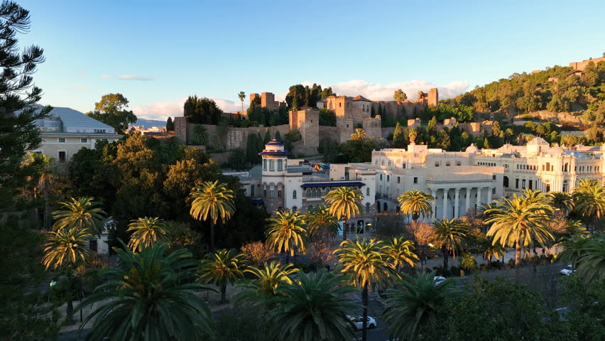 Fly over Castillo de Gibralfaro fortress, Malaga, Spain