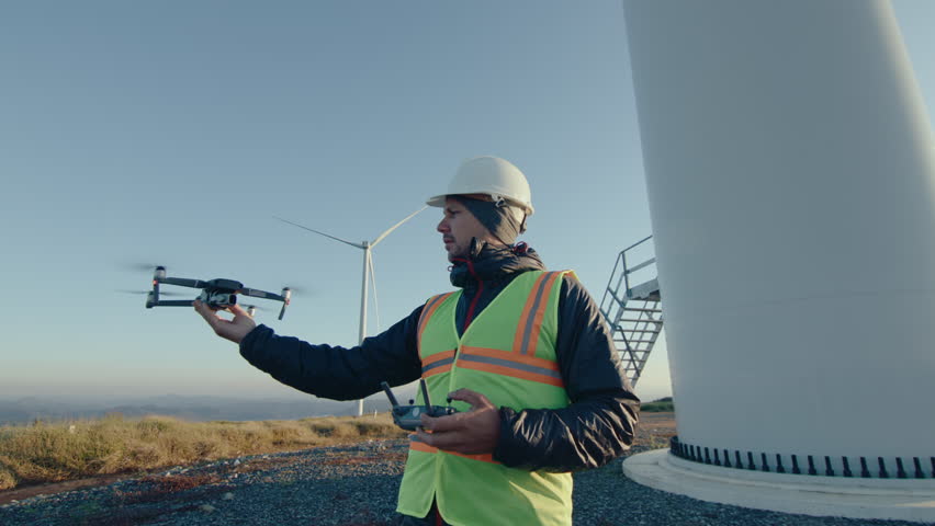 Engineer in uniform and hardhat launching a drone and using a controller when inspecting wind turbine at the wind farm. Medium long shot
