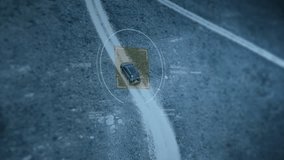 Modern spying drone is analyzing the designated area. Modern spying drone is following the target vehicle. Modern spying drone is examining the car to collect intelligence about the target. UI. - Powered by Shutterstock - Get 15% off with code: PIKWIZARD15