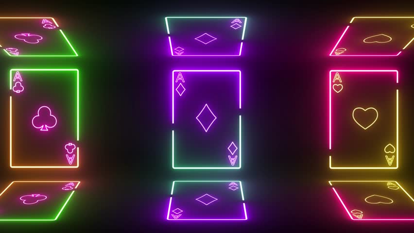 Neon Playing Card Animation On Black Background. Use For Poker Casino Gambling Background. Four Playing Cards Single Heart, Diamond, And Club Neon Animation Bg