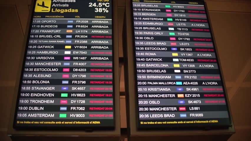 Board table of plane arrivals at airport showing delayed flights due to strikes.