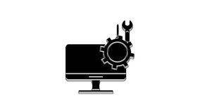 Black Computer monitor with screwdriver and wrench icon isolated on white background. Adjusting, service, setting, maintenance, repair. 4K Video motion graphic animation.