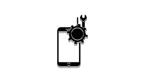 Black Mobile phone with screwdriver and wrench icon isolated on white background. Adjusting, service, setting, maintenance, repair. 4K Video motion graphic animation.