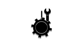 Black Wrench and screwdriver in gear icon isolated on white background. Adjusting, service, setting, maintenance, repair, fixing. 4K Video motion graphic animation.