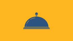 Blue Covered with a tray of food icon isolated on orange background. Tray and lid sign. Restaurant cloche with lid. kitchenware symbol. 4K Video motion graphic animation.