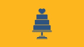 Blue Wedding cake with heart icon isolated on orange background. 4K Video motion graphic animation.
