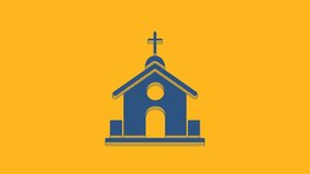 Blue Church building icon isolated on orange background. Christian Church. Religion of church. 4K Video motion graphic animation.