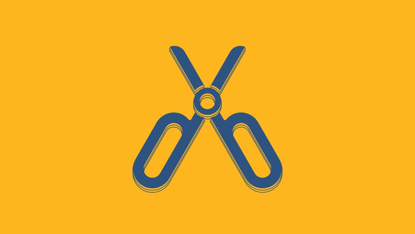 Blue Scissors icon isolated on orange background. Tailor symbol. Cutting tool sign. 4K Video motion graphic animation.